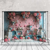 Lofaris Flowers Pink Wooden Board Hearts Valentine Backdrop